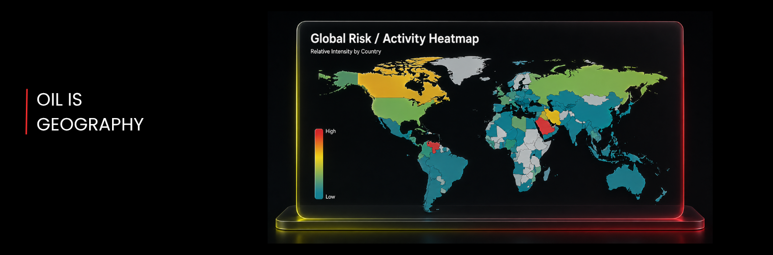 Global oil risk heatmap showing relative activity and geopolitical risk by country