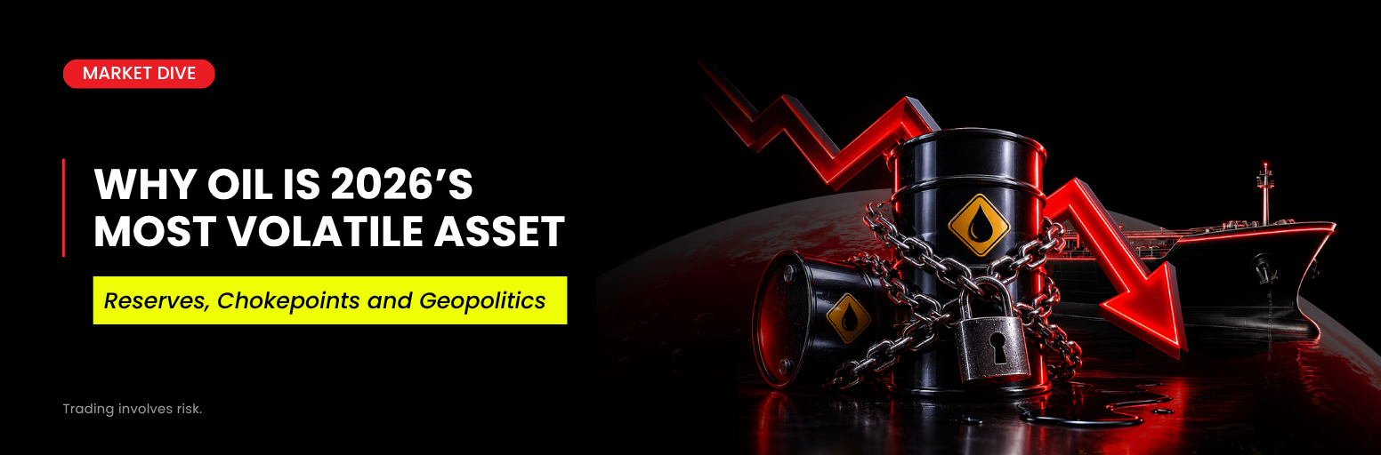Featured oil trading visual showing crude oil barrels, supply chokepoints, geopolitical risk and 2026 price volatility