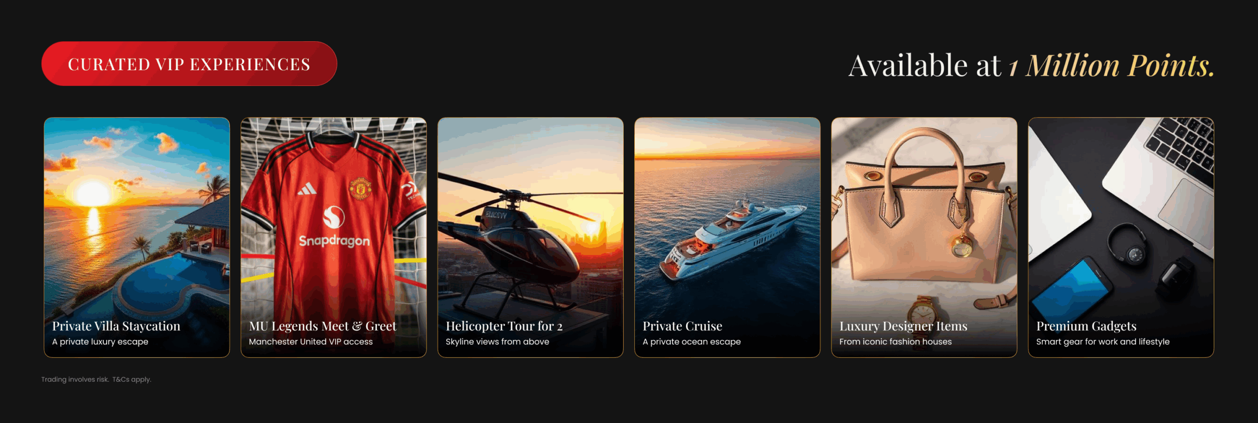 VIP Vault curated rewards showing villa stay, Manchester United access, helicopter tour, private cruise, designer items, and gadgets.